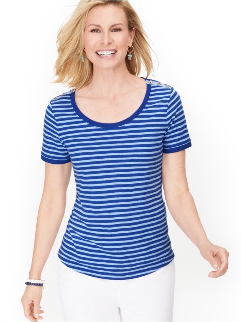 Talbots Grosgrain Trim Blue Striped Short Sleeve Tee Shoulder Buttons Shirt Sz L